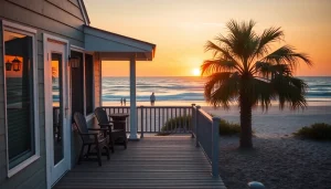 Showcasing vacation rentals for sale, a beautiful beachhouse with a sunset view evokes tranquility.