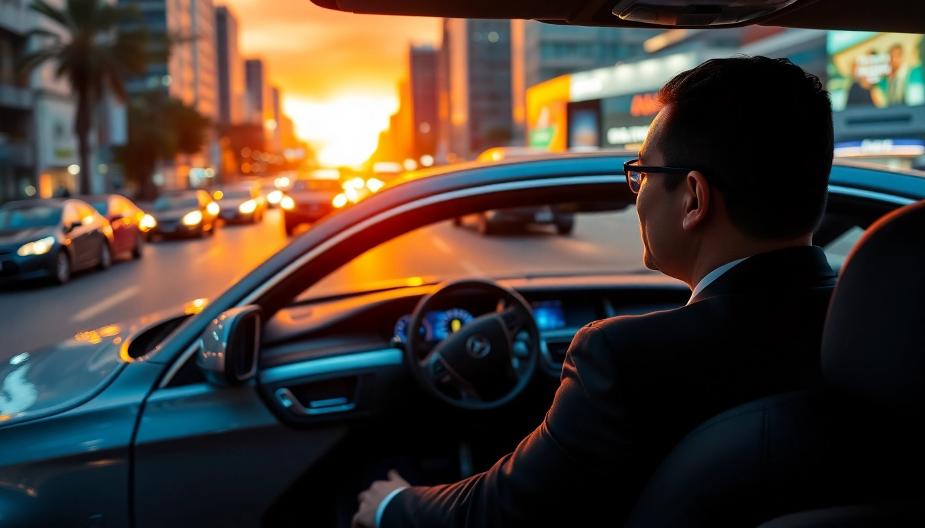 Experience a professional chauffeur service in Bangkok navigating a luxury vehicle through the city skyline.