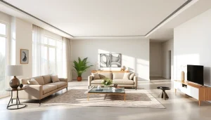 Showcasing the entire interior design of a modern living room with neutral tones and elegant decor.