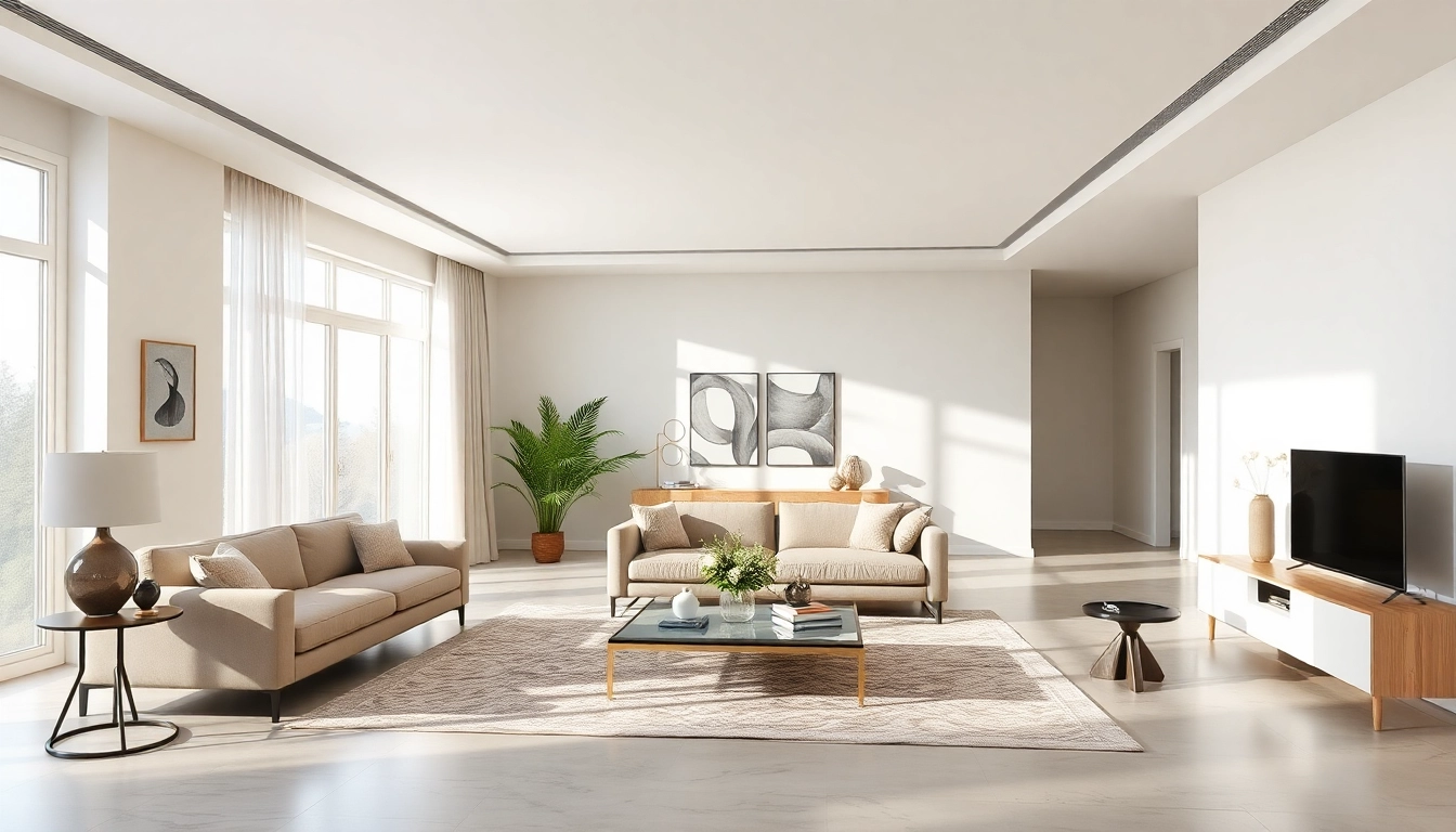 Showcasing the entire interior design of a modern living room with neutral tones and elegant decor.