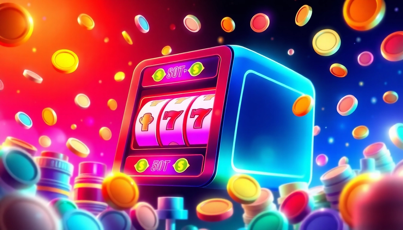 Engage with เว็บสล็อตทดลอง at a vibrant digital slot machine filled with glowing tokens and lights.