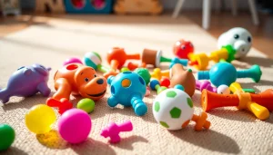 Engaging pet toys for dogs featuring vibrant colors and varied textures, promoting fun playtime.