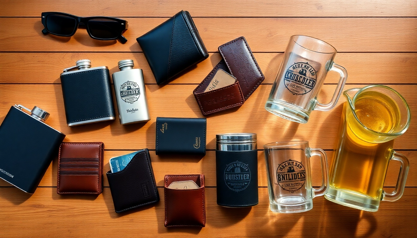 Showcase cheap groomsmen gifts including personalized flasks, wallets, and beer mugs in a festive flat lay.