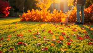 Fall clean up service: Gardener raking vibrant autumn leaves in a pristine lawn.