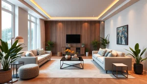 Beautiful living room displaying an entire interior design with stylish furniture and warm lighting.