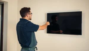 Professional performing a TV mounting installation service for a flat-screen television on a wall.