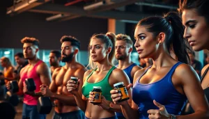 Group actively using preworkout supplements during energetic gym workout session.