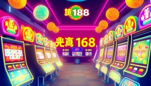 Play สล็อต168 at an engaging online casino with bright neon lights and lively slot machines.