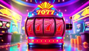 Exciting สล็อต777 slot machine with vibrant colors spinning in a lively casino.