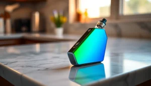 Vape device HQD Surv kaufen showcasing vibrant design with flavors in background.