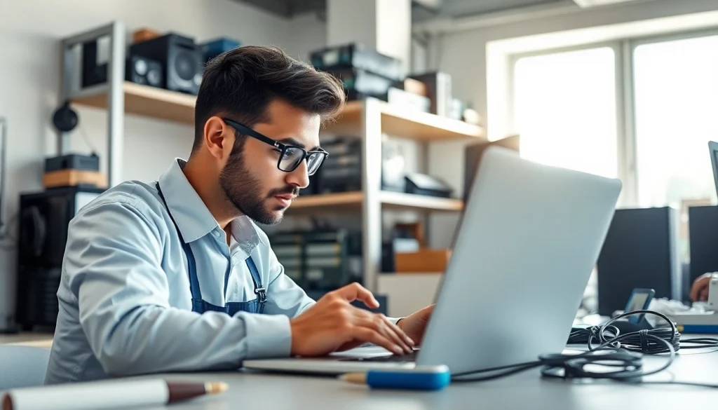 Riparazione pc torino da un esperto tecnico mentre lavora su un laptop in un ambiente professionale.