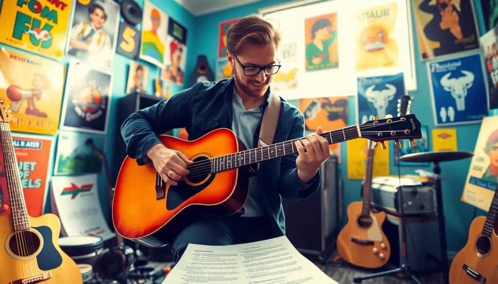 Showcasing relatable themes, a musician passionately playing guitar in a vibrant studio.