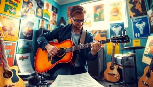 Showcasing relatable themes, a musician passionately playing guitar in a vibrant studio.