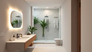 Gorgeous small bathroom remodels with modern design, featuring elegant floating vanity and relaxing atmosphere.
