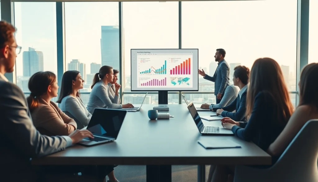 Collaborative professionals discussing trade marketing strategies in a bright conference room.