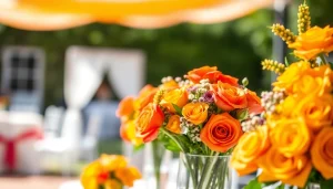 Beautiful arrangement of Orange County event flowers in vibrant shades of orange and yellow.