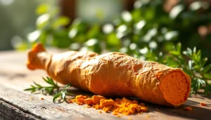 Turmeric Root displayed alongside fresh herbs on a rustic wooden surface.