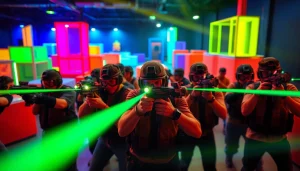 Players engaged in an exciting laser tag game in a vibrant indoor arena.