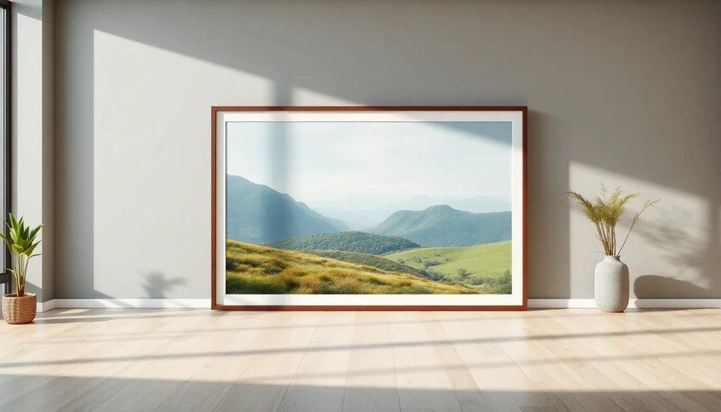 Stylish 36x48 frame showcasing a beautiful landscape photo in a modern living room.