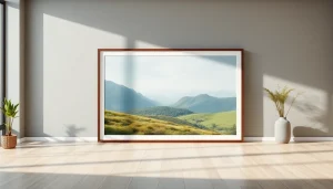 Stylish 36x48 frame showcasing a beautiful landscape photo in a modern living room.