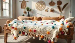 Showcasing a Moroccan pompom blanket from https://labboho.com/collections/pompom-blanket draped gracefully on a wooden sofa.