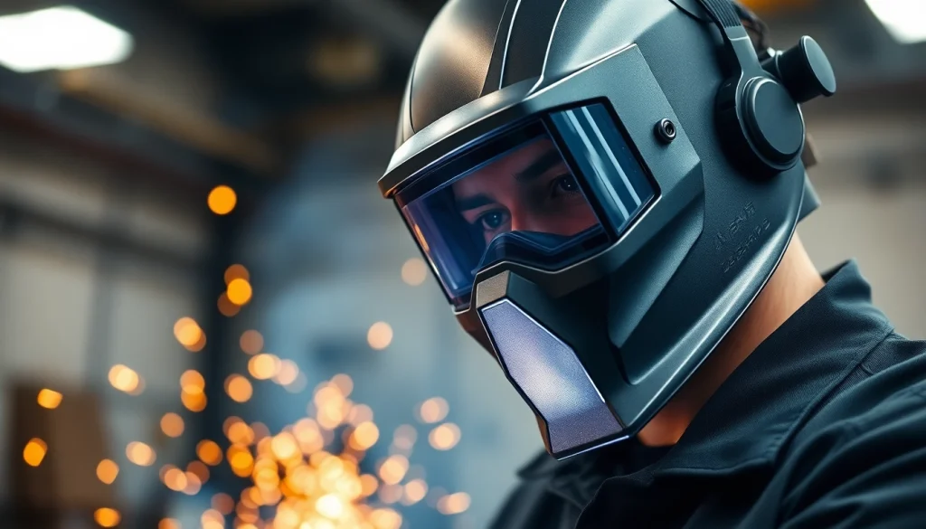 Welder using a modern welding mask to enhance safety and visibility during the task.