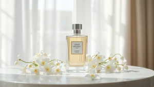 Découvrez le parfum White musk dans une bouteille élégante entourée de fleurs blanches.