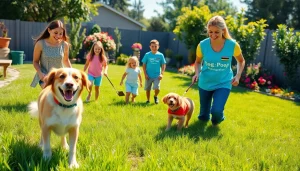 Dog poop cleanup service professionally handling pet waste in a vibrant backyard setting