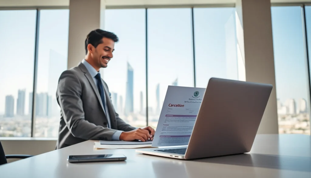 Facilitating ejari cancellation in a modern office setting with cancellation documents.