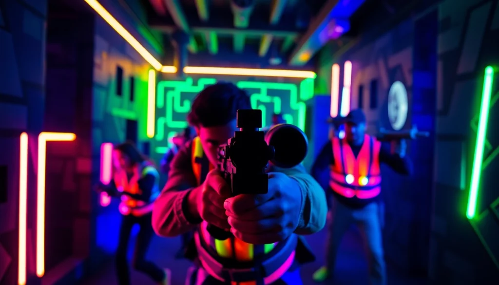 Kids engaging in an exciting laser tag match at a vibrant arena filled with obstacles.
