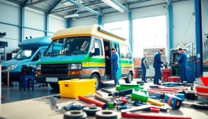 Providing expert Camper Van Repair Services in a busy workshop with skilled mechanics.