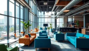Find commercial office space for rent in Bangalore featuring vibrant coworking interiors and city views.