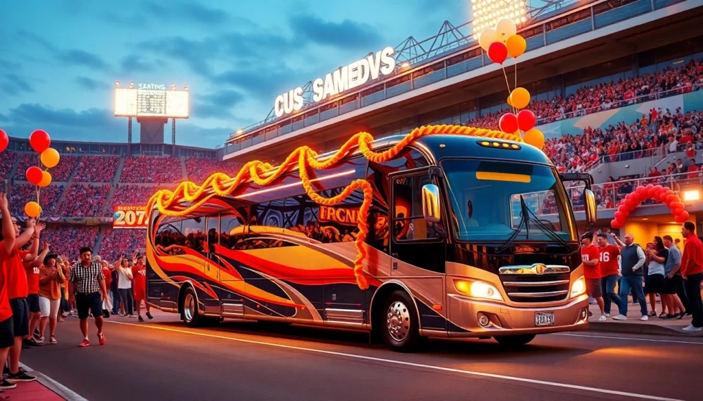 Experience party bus rental prices gameday Athens with a vibrant scene outside a stadium full of cheering fans.
