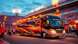 Experience party bus rental prices gameday Athens with a vibrant scene outside a stadium full of cheering fans.