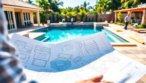 A swimming pool builder examining detailed pool designs at a construction site with clear waters and lush greenery.
