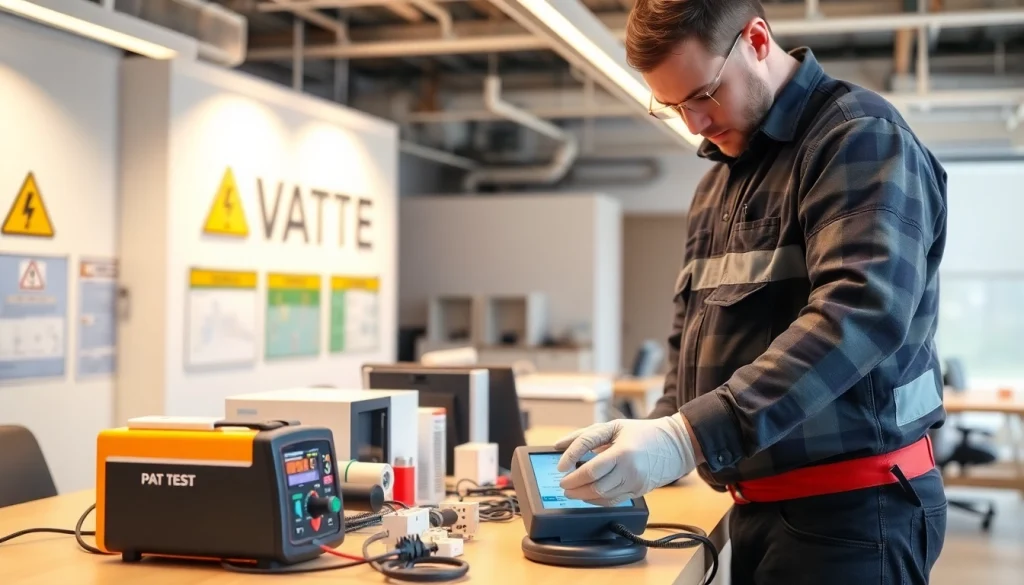 Electrician conducting Pat testing Lichfield in a professional office environment with electrical appliances.