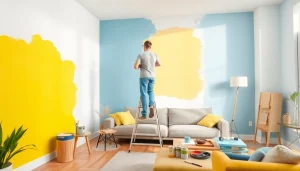 Interior painting in progress, showcasing vibrant colors and detailed techniques in a modern living room.