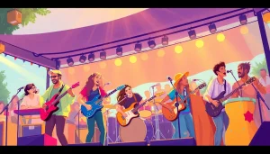 Experience 汽水音乐海外 at a lively festival with diverse musicians and colorful instruments.