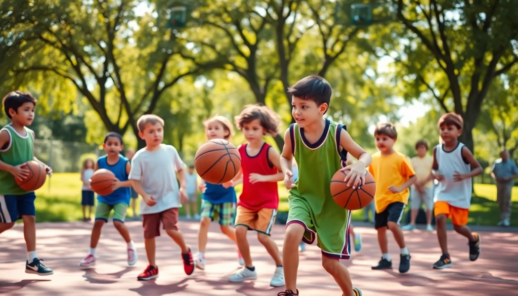 Young basketball enthusiasts practicing skills on an outdoor court, fostering teamwork and joy.