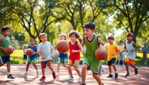 Young basketball enthusiasts practicing skills on an outdoor court, fostering teamwork and joy.