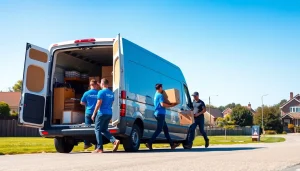 Man and van moving team expertly relocating items on a sunny day.