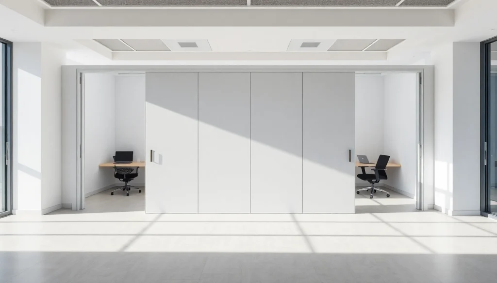 Showing a folding partition wall effectively dividing a modern office space for efficiency.