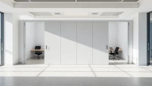 Showing a folding partition wall effectively dividing a modern office space for efficiency.