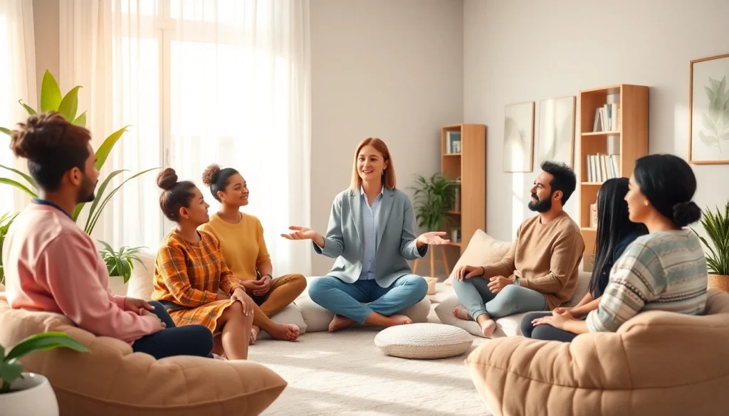 Illustration depicting a therapist leading a healing trauma session in a serene environment.