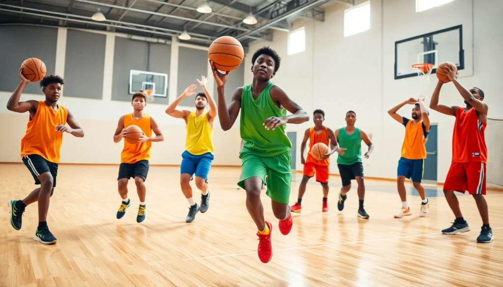 Young athletes train at Takeover Basketball Academy, demonstrating skills and teamwork in a vibrant gym setting.