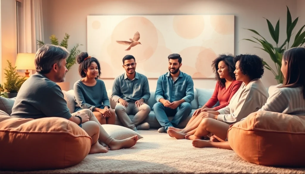 Healing trauma through a supportive circle of individuals in a serene setting.