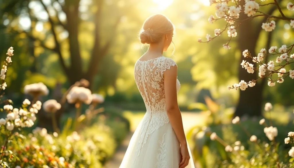 Bridal elegance in lace wedding dresses showcased in a sunlit garden, highlighting intricate designs.