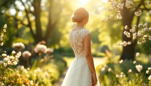 Bridal elegance in lace wedding dresses showcased in a sunlit garden, highlighting intricate designs.