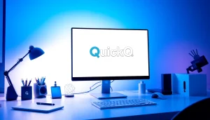 Showcase the QuickQ官网 platform on a sleek modern desktop setup, highlighting efficiency in a tech-savvy workspace.
