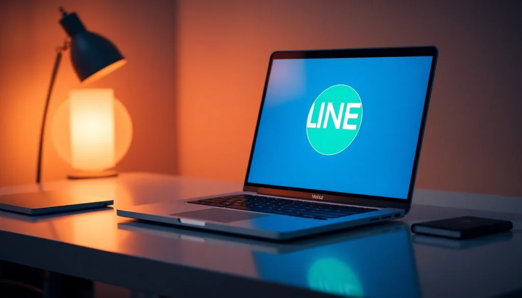 Download the LINE app for desktop on a sleek laptop with a glowing logo.